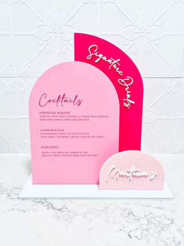 Stylish acrylic bar and signature drinks menu sign