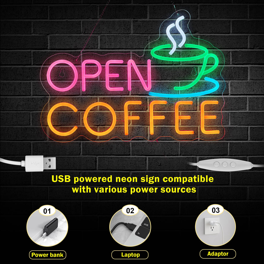 Coffee Open Neon Sign for Wall Décor Dimmable Business Shop