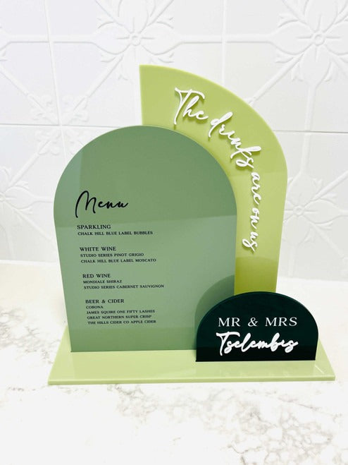 Stylish acrylic bar and signature drinks menu sign