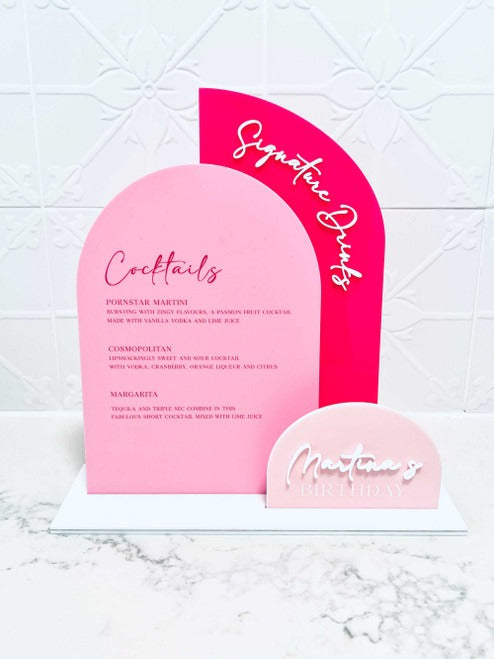 Stylish acrylic bar and signature drinks menu sign