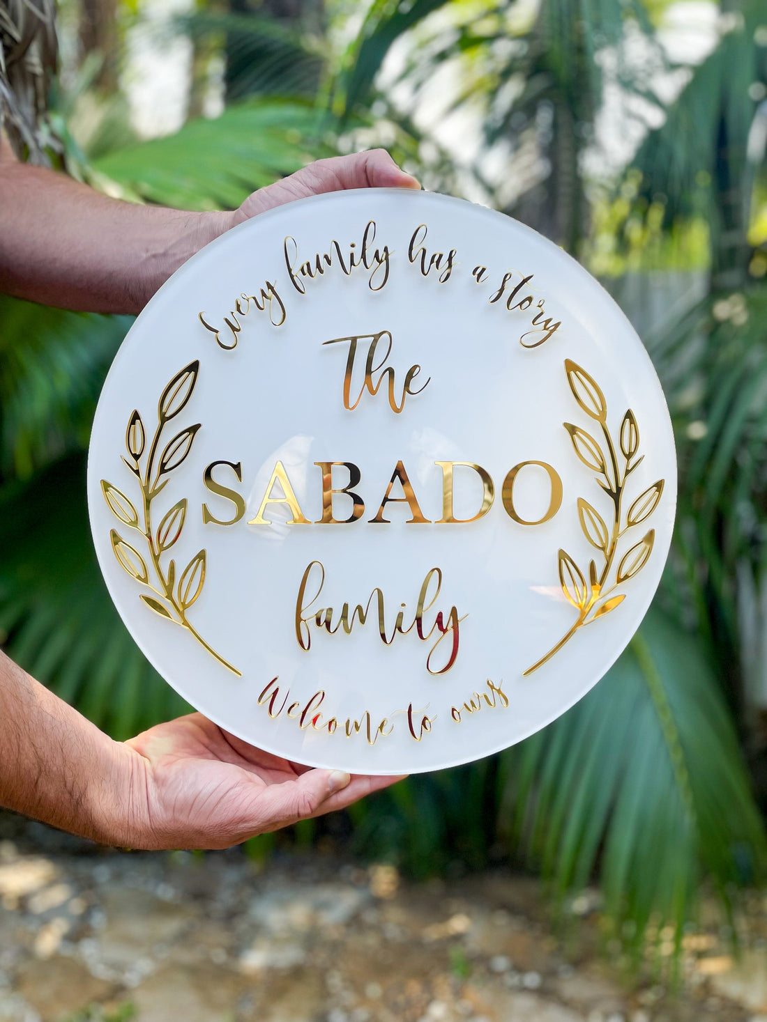 "Round Acrylic Sign Board with Golden Design – Customizable Logo/Name Plate"