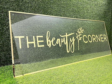“Custom Acrylic Business Sign – Personalized Laser Engraved Shop Sign with Gold Border – Modern Clear Acrylic Wall Sign for Beauty, Salon, Boutique, or Office”