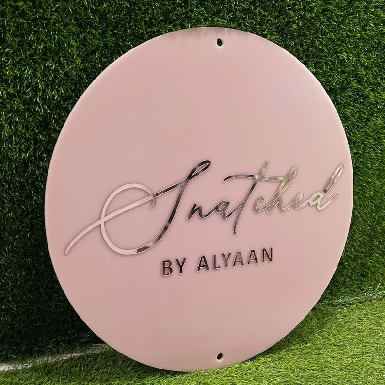 🌟 Round Acrylic Logo Sign – Pink Base with Rose Gold  Lettering