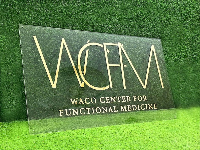 “Custom Acrylic Business Sign – Personalized Laser Engraved Shop Sign with Gold Border – Modern Clear Acrylic Wall Sign for Beauty, Salon, Boutique, or Office”