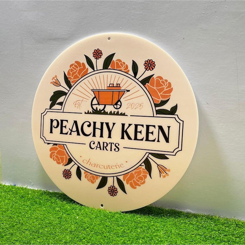 “Custom Round Acrylic Business Sign – Personalized Logo Sign with Floral Design – Modern Shop, Café, Bakery, or Cart Signage”