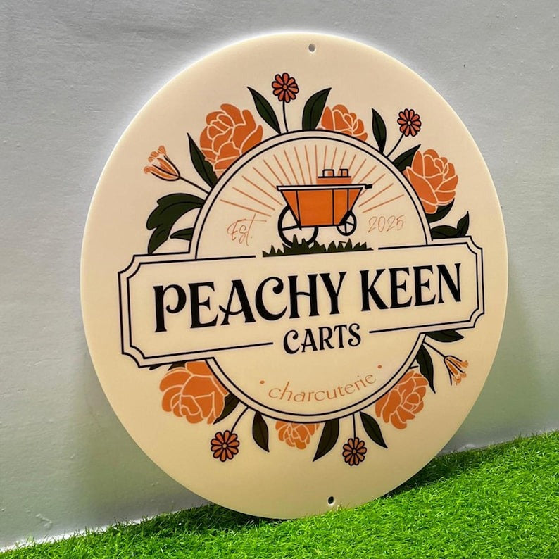 “Custom Round Acrylic Business Sign – Personalized Logo Sign with Floral Design – Modern Shop, Café, Bakery, or Cart Signage”