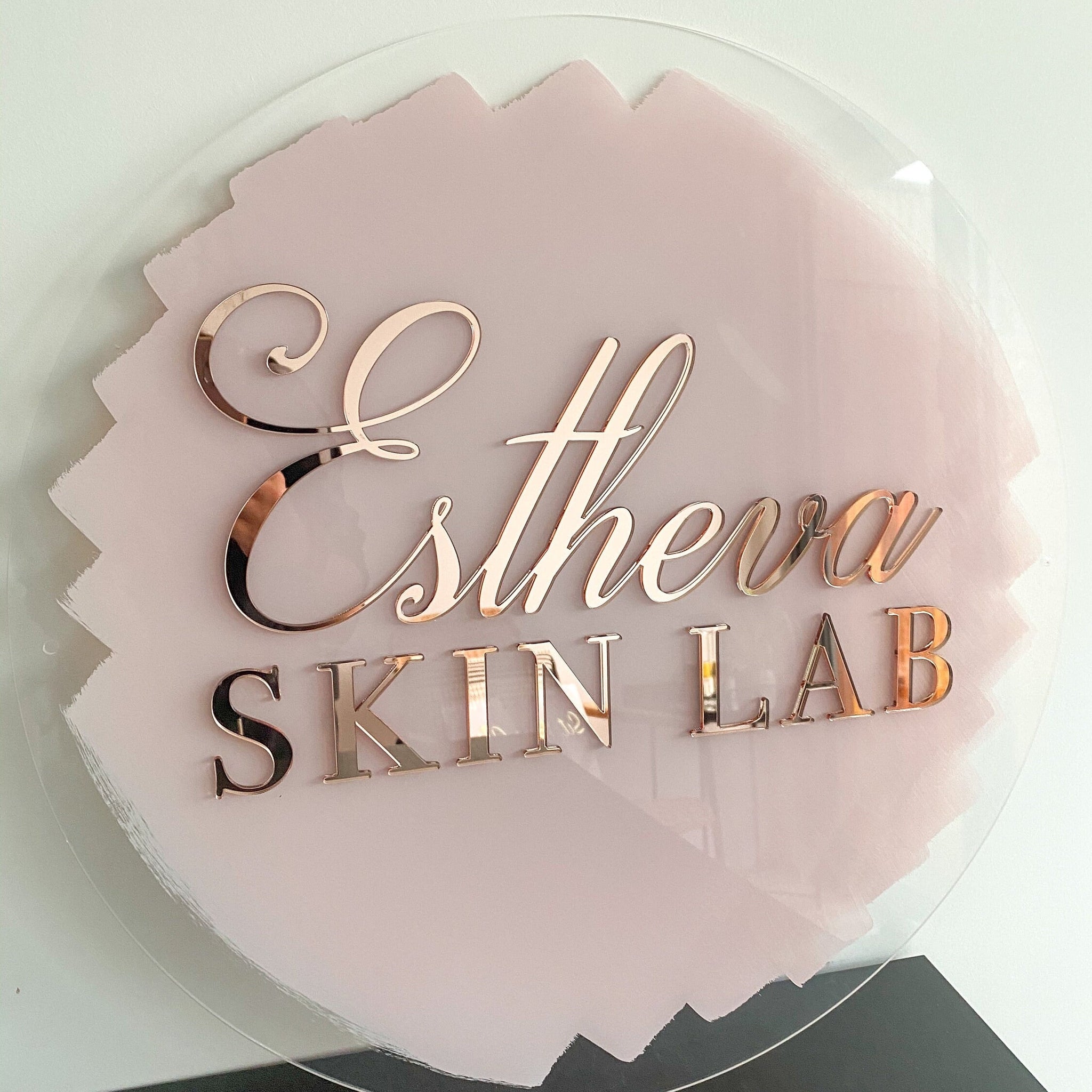 🌟 Round Acrylic Logo Sign – Rose Gold Letters with Pink Base