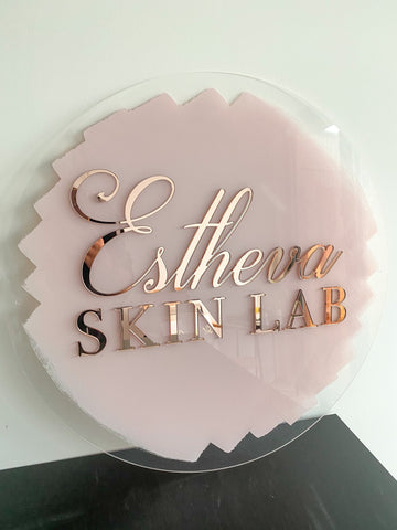 🌟 Round Acrylic Logo Sign – Rose Gold Letters with Pink Base