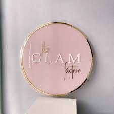 🌟 Round Acrylic Logo Sign – Rose Gold & White Letters with Pink Base