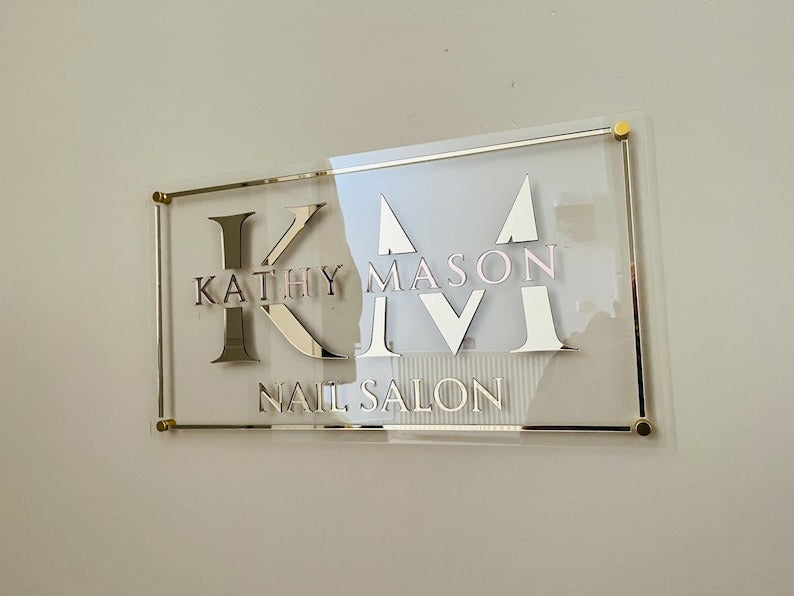 “Luxury 3D Acrylic Business Sign – Custom Layered Wall Sign with Gold Standoffs – Personalized Logo Sign for Salon, Spa, Boutique, or Office”